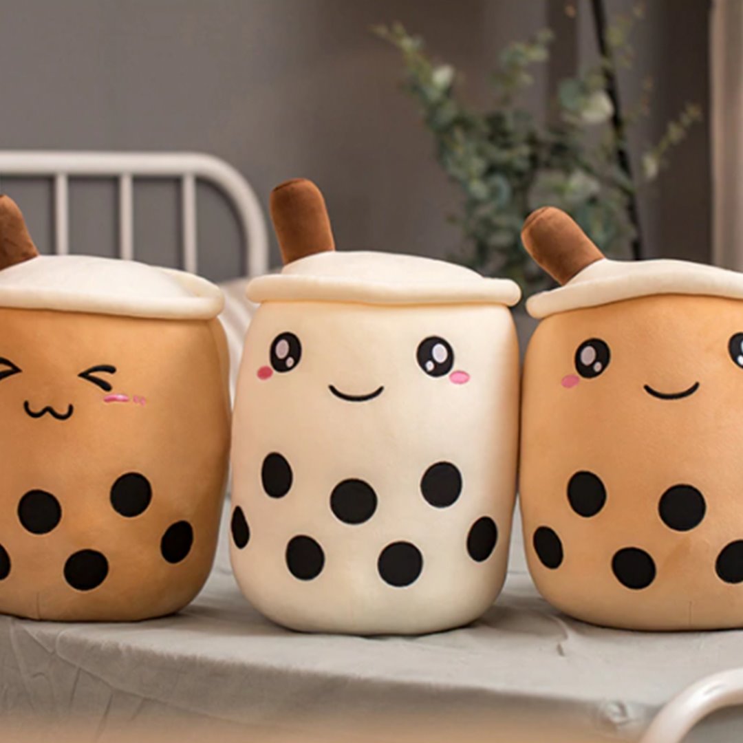 Adorable bubble tea plush toys in brown, beige, and white; soft PP cotton; huggable & great gifts.