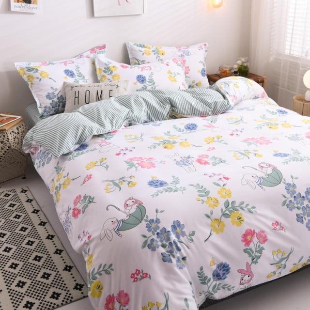 Adorable bunny floral microfiber bedding set; reversible design, includes duvet cover, flat sheet & pillowcases.  Machine washable.