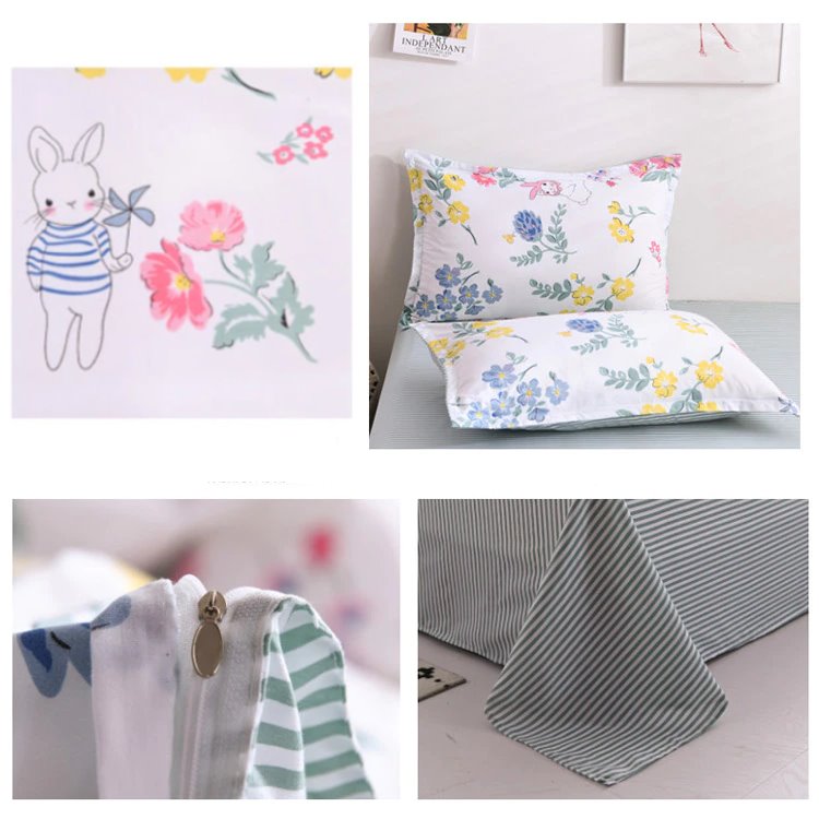 Cute bunny floral microfiber bedding set; reversible design, includes duvet cover, flat sheet & pillowcases.  Machine washable.