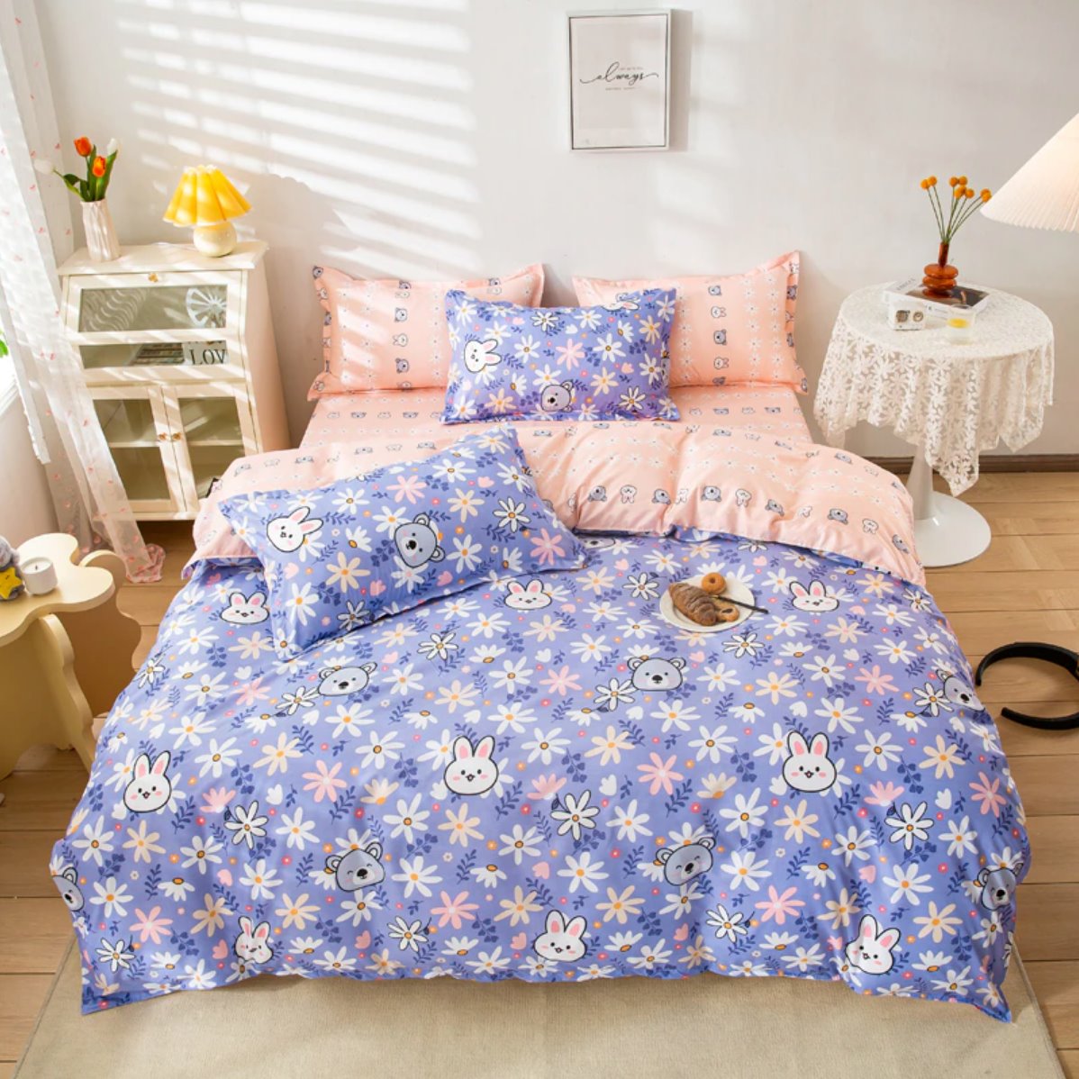 Lavender daisy bedding set with cute bunny and koala designs. Soft 100% polyester microfiber, reversible, includes duvet cover, sheet & pillowcases.
