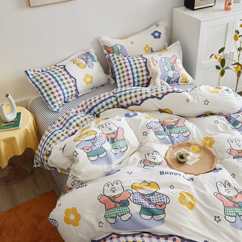 Cute bunny microfiber bedding set; reversible design, pastel colors, stars & flowers.  Includes duvet cover, flat sheet & pillowcases.