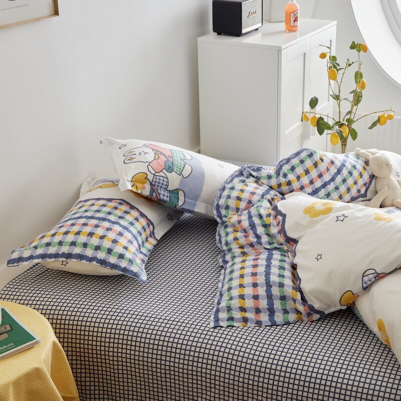 Cute bunny microfiber bedding set; reversible design, pastel gingham & bunny print, includes duvet cover, flat sheet & pillowcases.