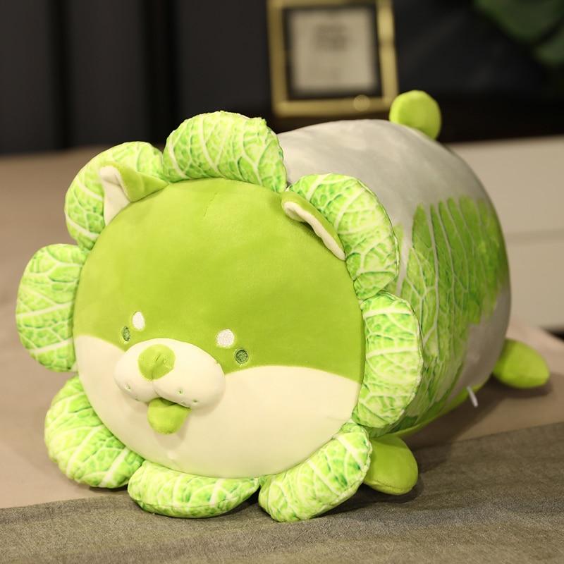 Adorable green cabbage Shiba Inu plush toy; soft plush fabric, PP cotton filling, 10"x8" sitting, 12"x6" lying.