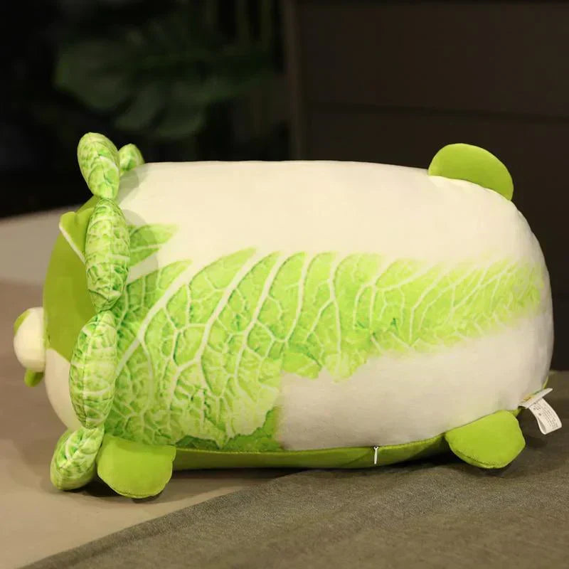 Adorable green cabbage Shiba Inu plush toy; soft PP cotton filling, approx. 10"x8" (sitting) or 12"x6" (lying).  Hypoallergenic.
