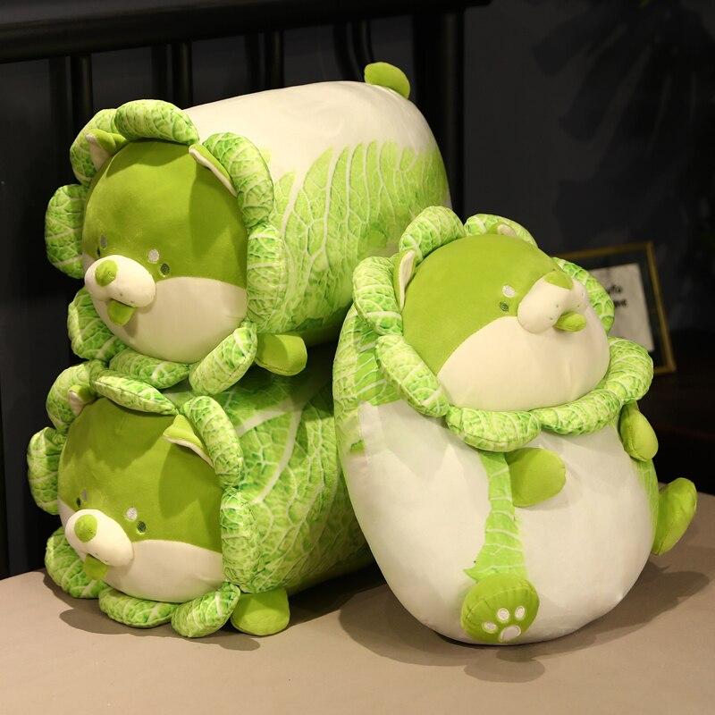 Adorable Shiba Inu plush toy wrapped in a cabbage design.  Soft PP cotton filling, available sitting or lying down. Hypoallergenic.