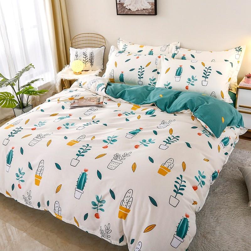 Reversible cactus floral bedding set in teal, yellow, and white microfiber. Soft, comfortable, and hypoallergenic. Includes duvet cover, flat sheet, and pillowcases.