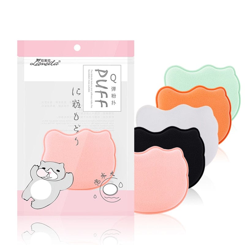 Soft hydrophilic polyurethane cat-shaped makeup blender sponge; 5.5x5.5cm; black, orange, pink, white & mint green.
