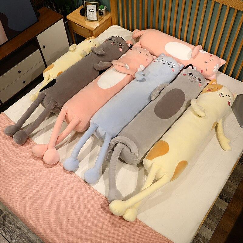 Adorable cat plush body pillows in assorted colors; soft PP cotton filling, perfect for cuddling and sleep.