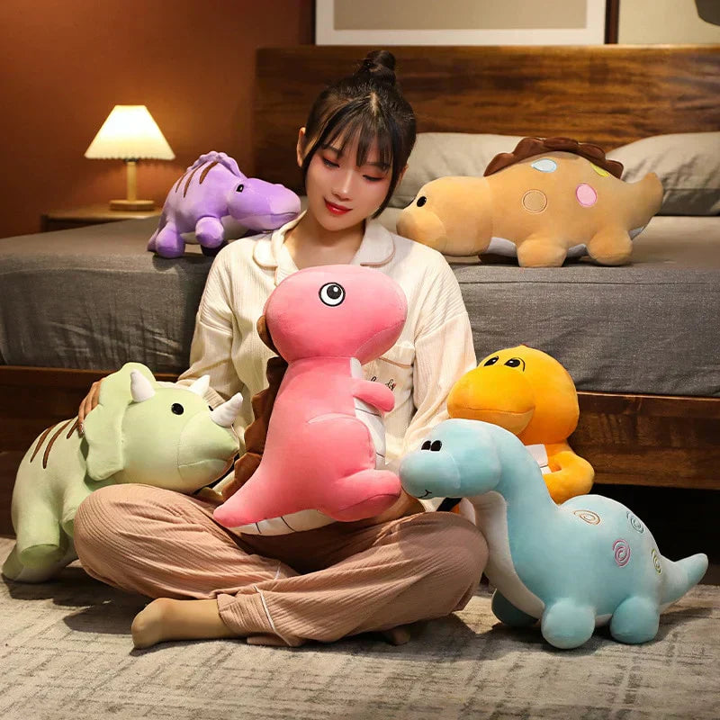 12 adorable chibi dinosaur plush toys in various colors; soft PP cotton, 3 sizes (6", 10", 14").