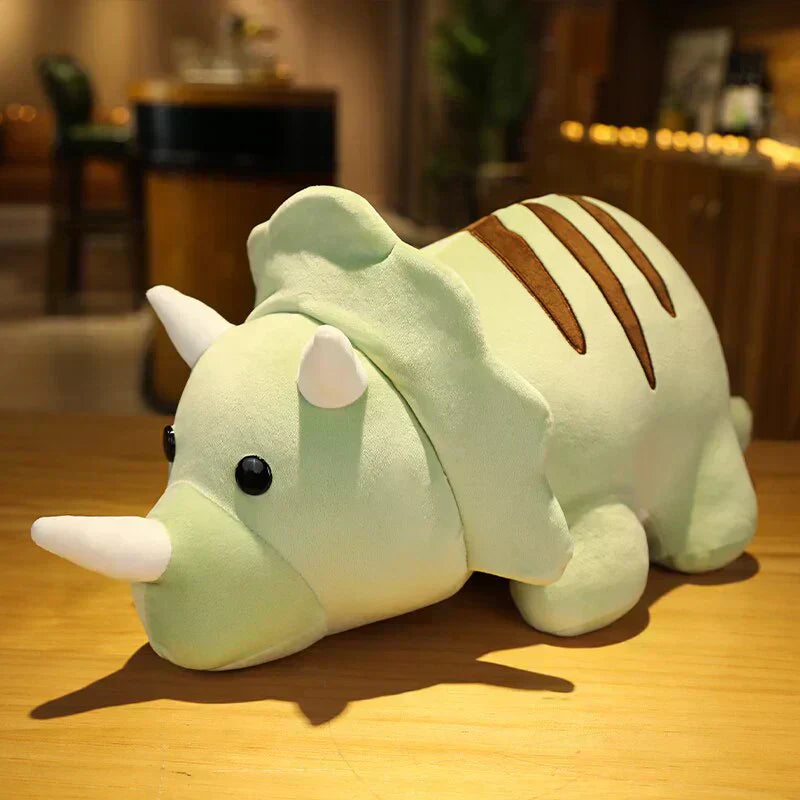 Cute light green chibi triceratops plush toy, soft PP cotton, 10" medium size, brown stripes.