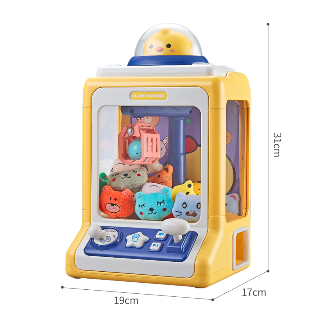 Yellow mini claw machine arcade game with chick design, joystick controls, 10 plush toys, 10 eggs, lights, sounds, & 60-second timer.