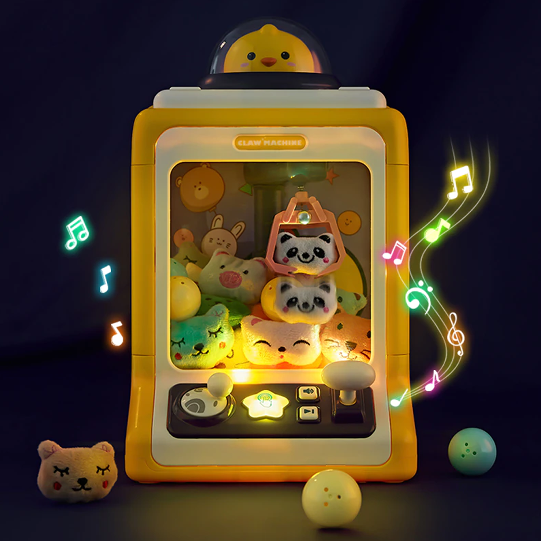 Yellow chick claw machine arcade game with lights, sounds, joystick, & 10 plush toys.  Includes 10 eggs. 19x17x31cm.
