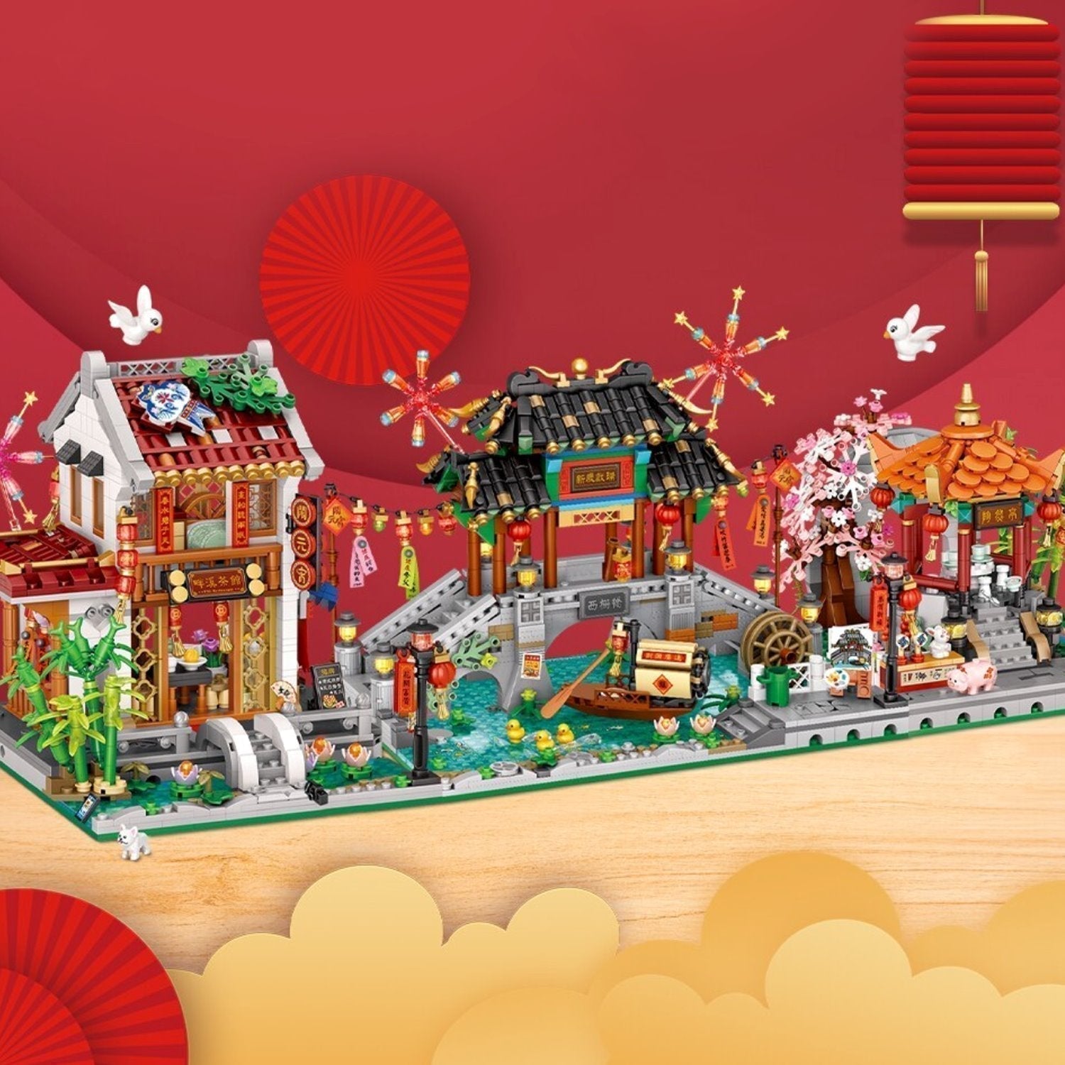 Detailed 3D Chinese street nano block model; teahouse, pavilion, bridge, ABS plastic; 14+ ages.