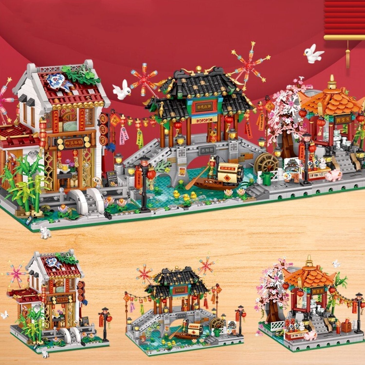 3D Chinese street scene nano building blocks; teahouse, pavilion, bridge, ABS plastic, 14+, detailed instructions.