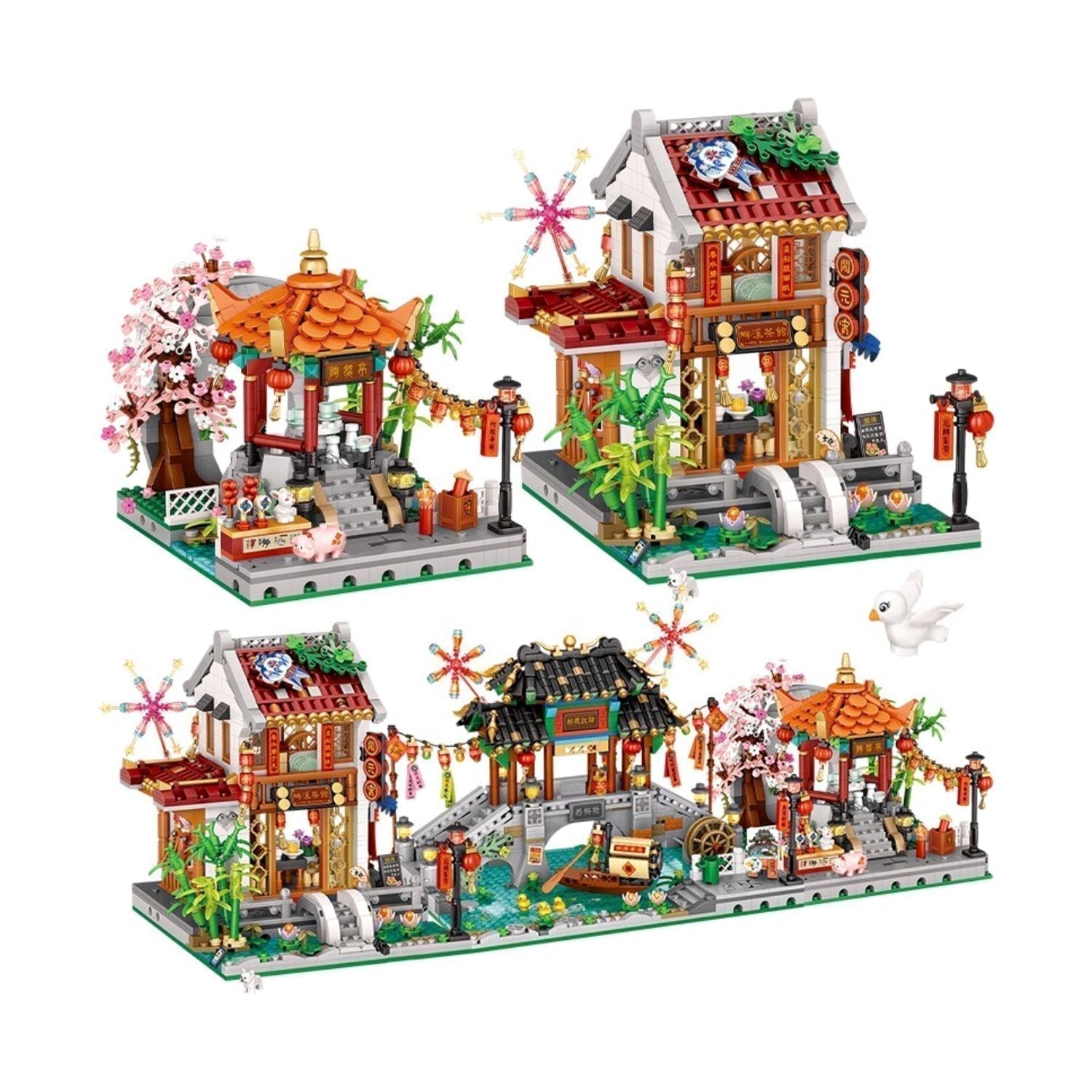 Detailed 3D Chinese street nano block model; teahouse, pavilion, bridge; ABS plastic; 14+; collectible.