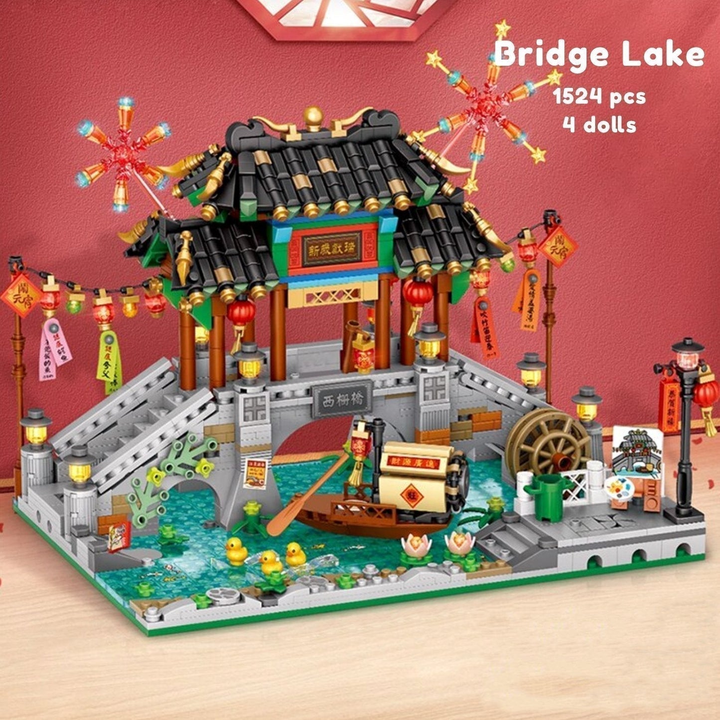 1524-piece Chinese street scene nano block set. Features a bridge, lake, pavilion, teahouse, boat, and figures.  Premium ABS plastic. Ages 14+.
