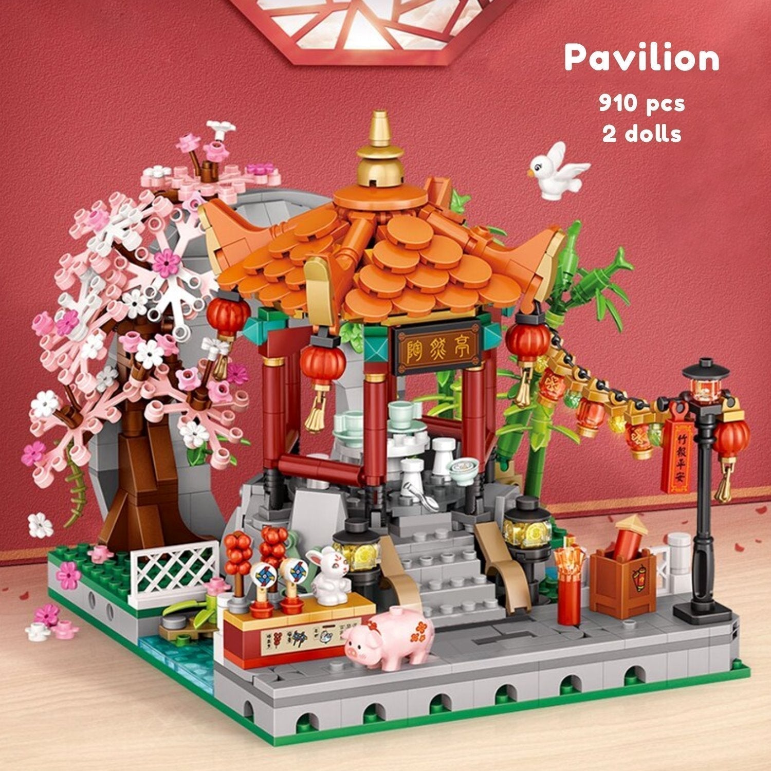 910-piece Chinese street nano block building set. Features a teahouse, pavilion, bridge, and cherry blossom tree.  Premium ABS plastic, ages 14+.