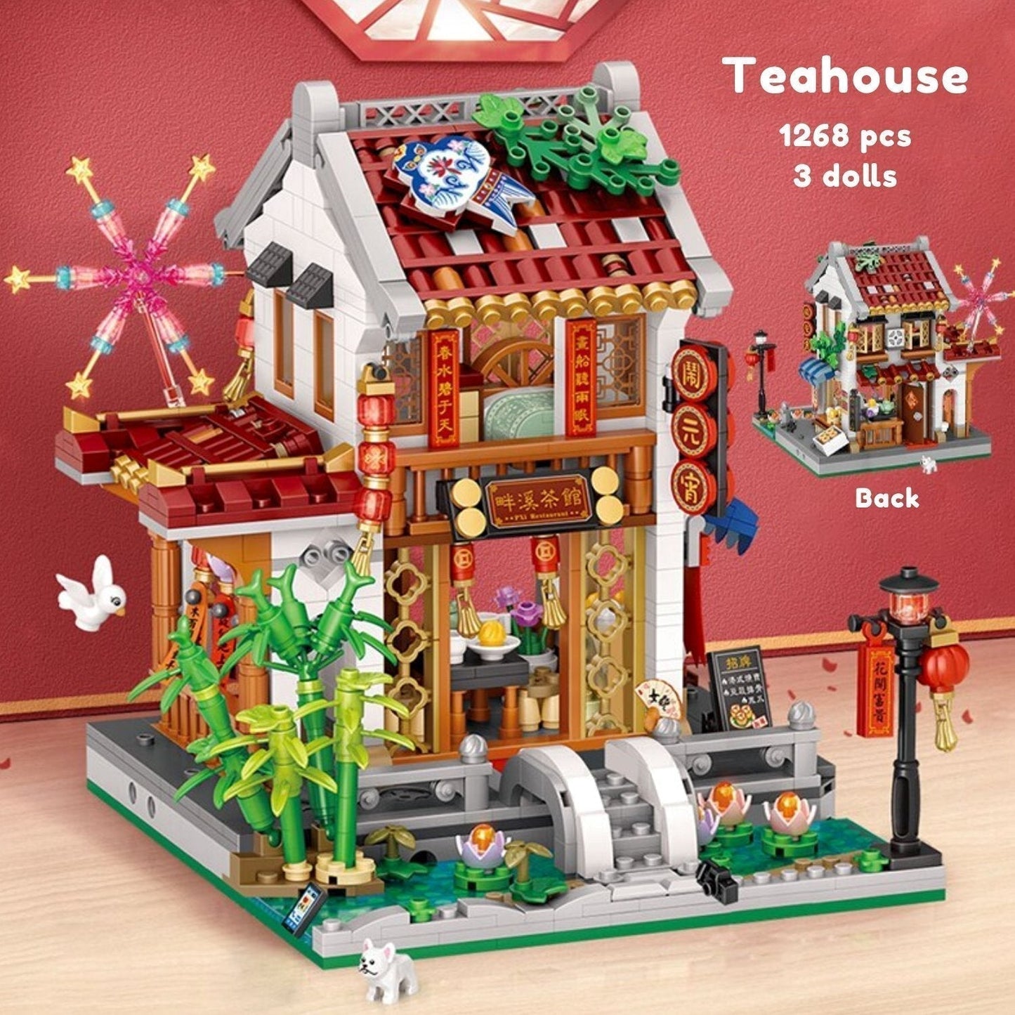 3D Chinese street nano block model with teahouse, pavilion, bridge, 1268+ pieces, ABS plastic, ages 14+.