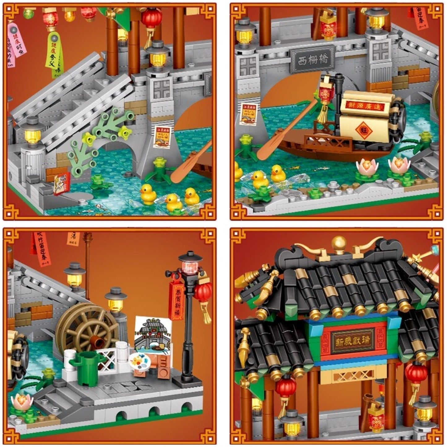 3D Chinese street nano block model; teahouse, pavilion, bridge, boat, ducks; ABS plastic; 14+ ages; detailed instructions.
