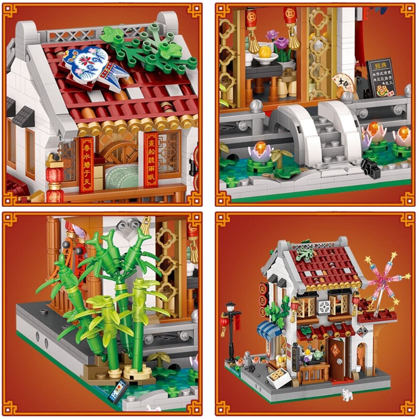 Detailed 3D Chinese street scene nano block model, featuring teahouse, pavilion, bridge, & vibrant colors.  Premium ABS plastic, 14+.
