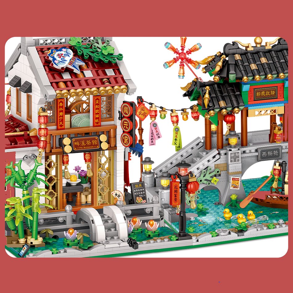 Detailed 3D Chinese street nano block model with teahouse, pavilion, bridge, and vibrant decorations.  Premium ABS plastic, 14+ ages.