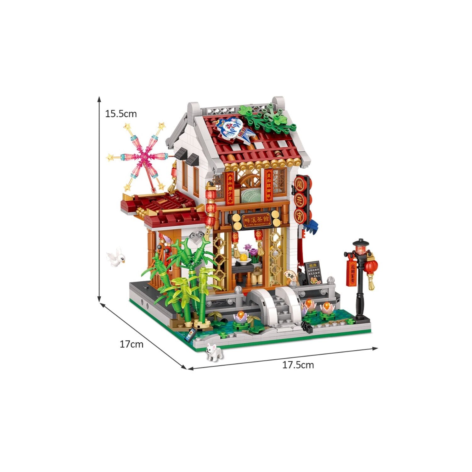 3D Chinese street scene nano block model; teahouse, pavilion, bridge; ABS plastic; 14+; detailed instructions.
