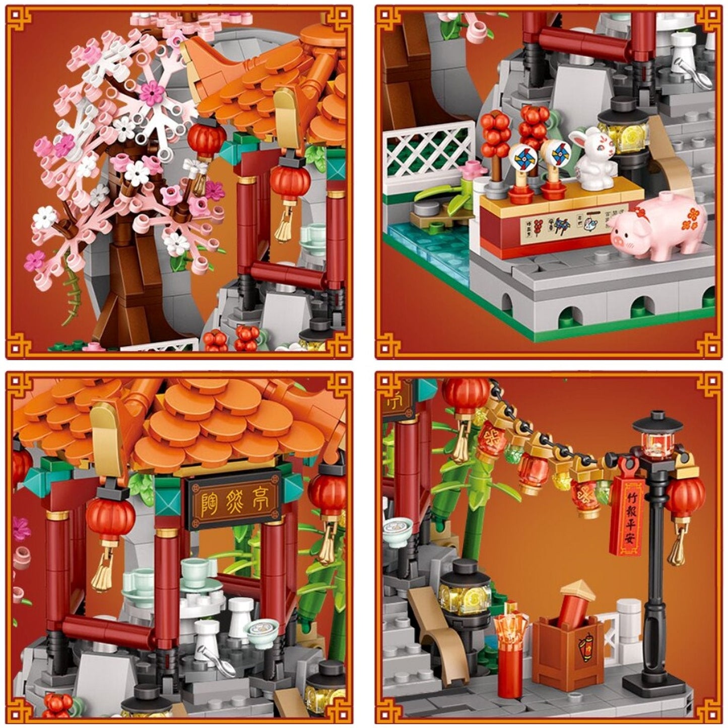 3D Chinese street scene nano block building set; teahouse, pavilion, bridge; ABS plastic; 14+ ages.
