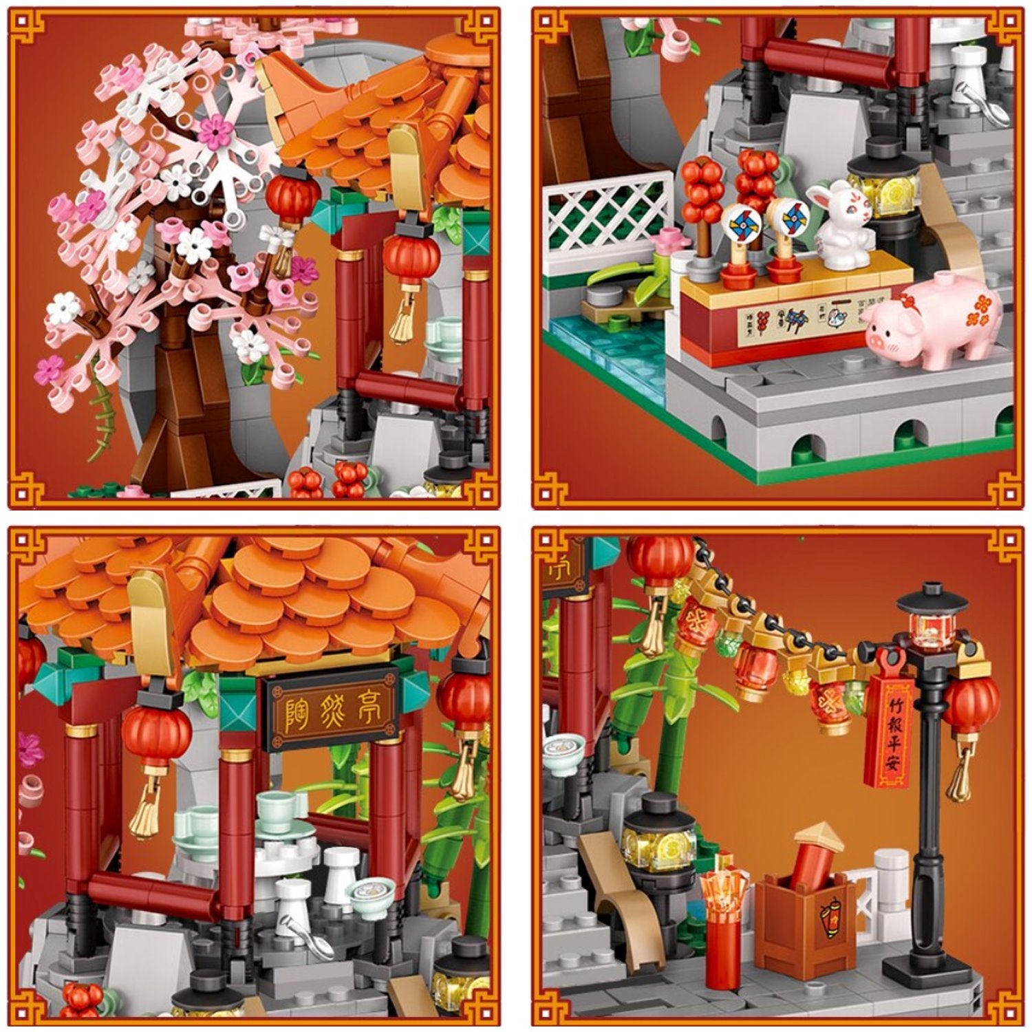 3D Chinese street scene nano block building set; teahouse, pavilion, bridge; ABS plastic; 14+ ages.