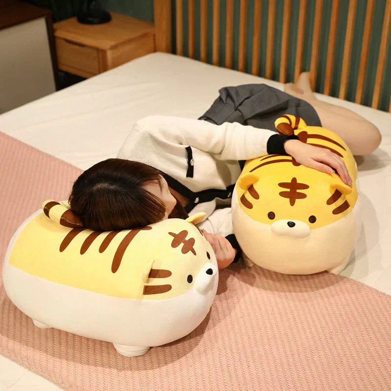 Cute yellow and brown striped Chonky Tiger plush toy, made of soft PP cotton, perfect for cuddling. Hypoallergenic.