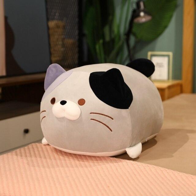 Adorable grey chubby cat plush toy with black and purple patches, soft PP cotton filling, hypoallergenic. Perfect gift!