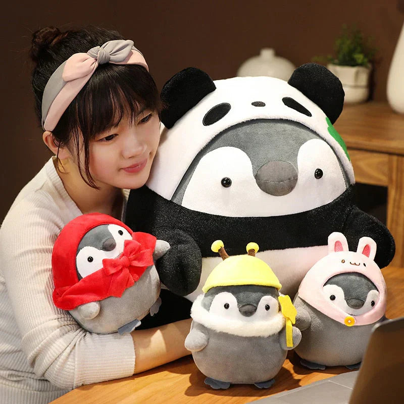 Adorable chubby penguin plushies in panda, red hood, bee, and bunny costumes.  Soft PP cotton, hypoallergenic, 3 sizes.