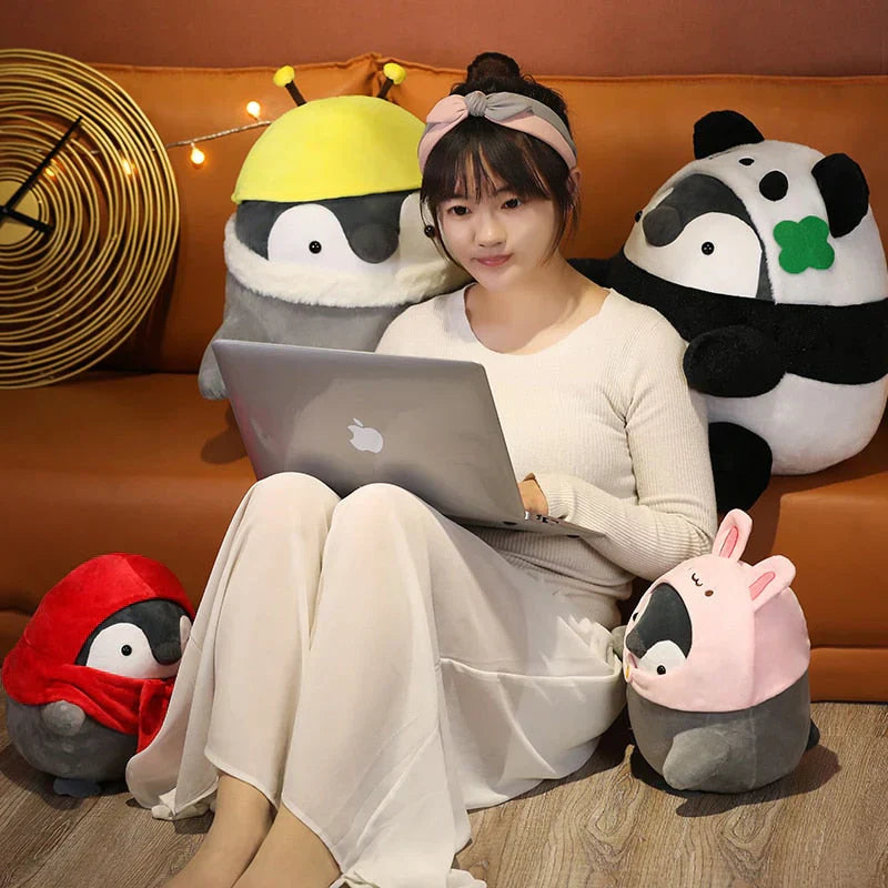 Adorable chubby penguin plushies in various cute designs; soft PP cotton, hypoallergenic, sizes small-large.