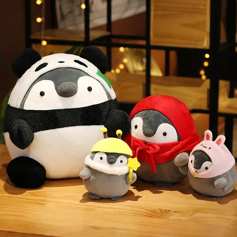 Adorable chubby penguin plushies in panda, red hood, bee, and bunny costumes. Made of soft PP cotton, hypoallergenic, and perfect for cuddling.