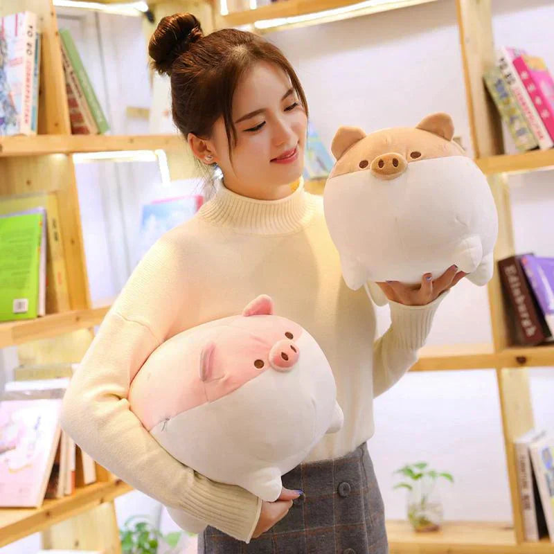 Cute chubby piggy plush toy, soft PP cotton, hypoallergenic, perfect gift.  Available in pink & tan.
