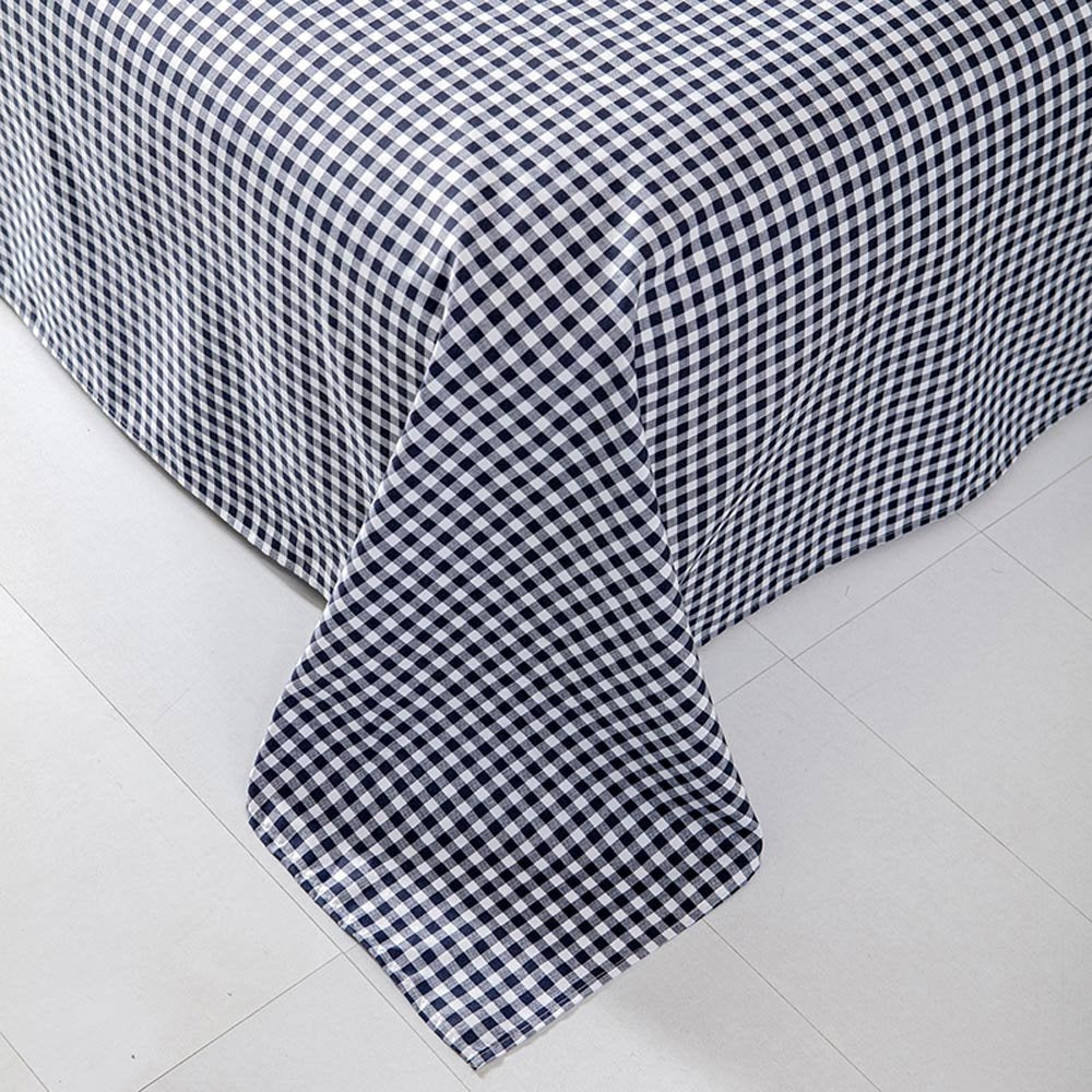 Blue gingham polyester cow & milk cartoon bedding set; reversible design, includes duvet cover, flat sheet & pillowcases.