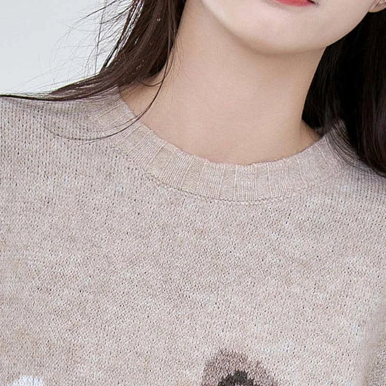 Cozy coffee brown acrylic cat sweater, featuring a cute cartoon cat design, relaxed fit, and long sleeves.