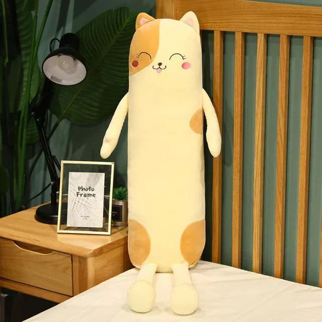 Cute cream-colored cat plush body pillow with orange patches, perfect for cuddling and sleeping. Made of soft PP cotton.