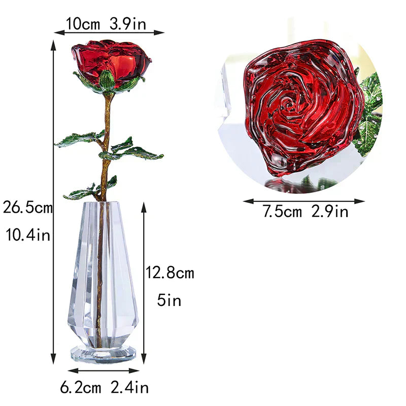 25cm crystal enchanted rose in red, pink, purple, or blue, with metal stem & crystal vase.  Perfect gift.