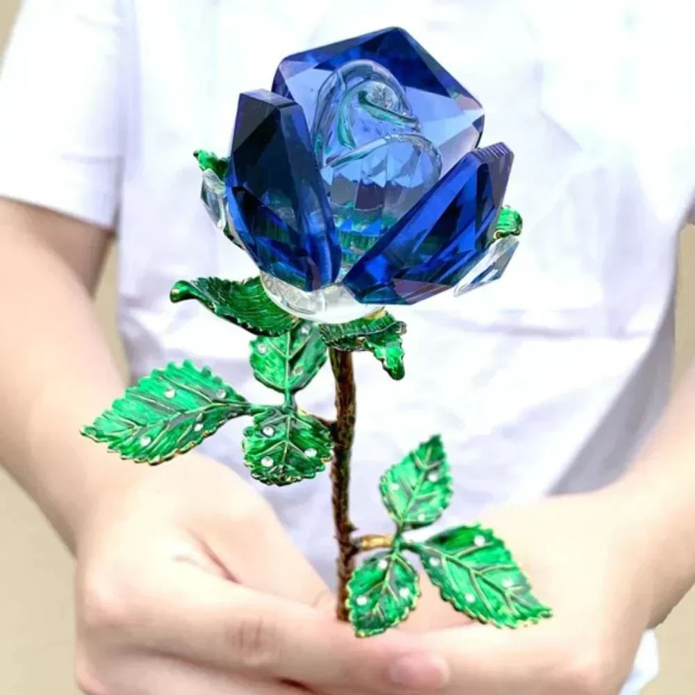 Blue crystal enchanted rose, 25cm, with green metal leaves, perfect gift for any occasion.