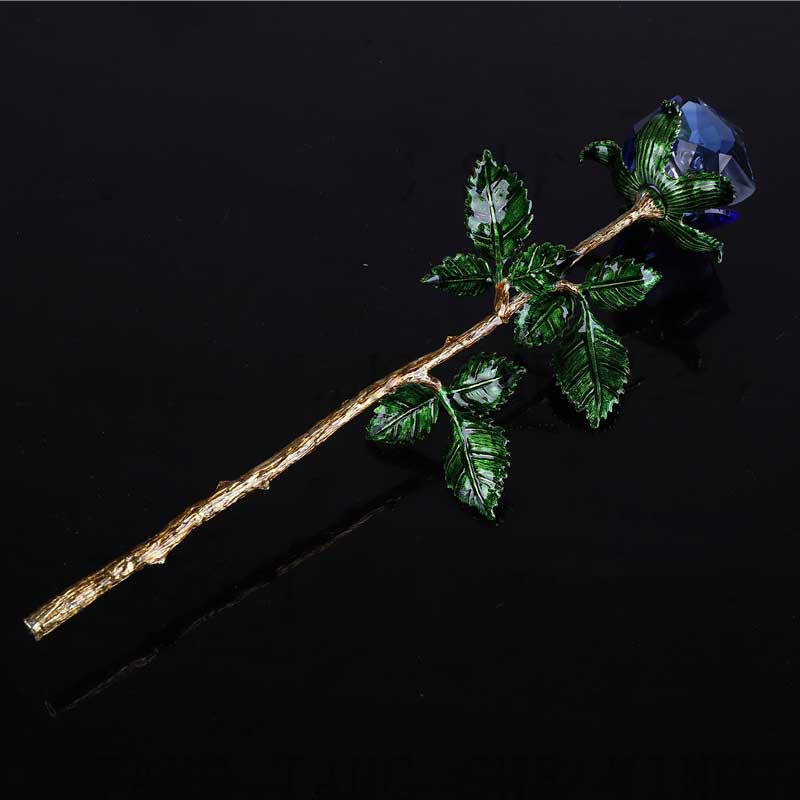 Blue crystal enchanted rose, 25cm, with gold metal stem and green leaves.  Elegant gift decor.
