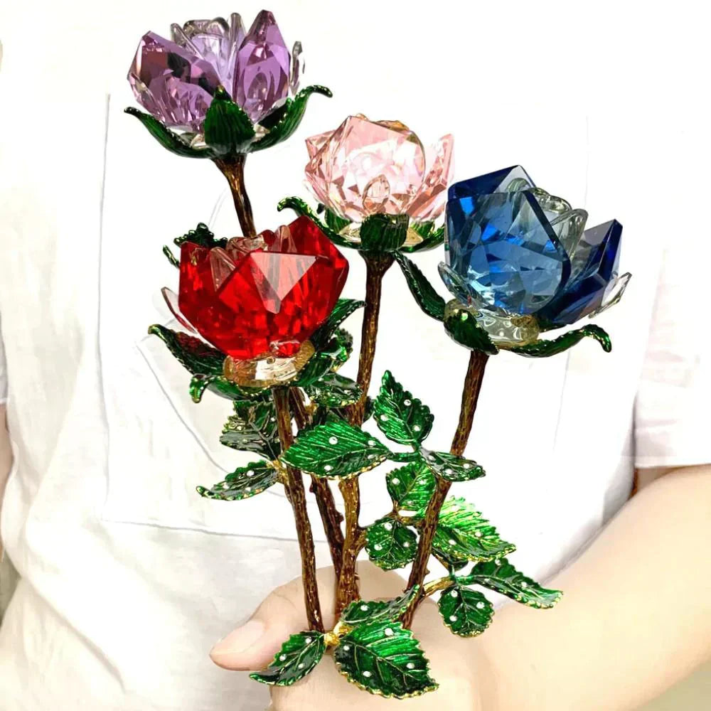 Crystal enchanted rose bouquet; red, pink, purple, blue; 25cm tall; metal stems; elegant décor; perfect gift.