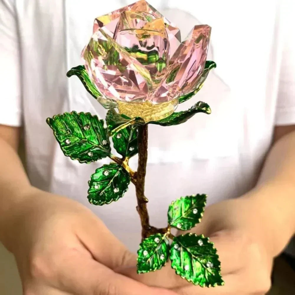 Pink crystal enchanted rose, 25cm, with green metal leaves & stem, adorned with crystals.  Perfect gift!