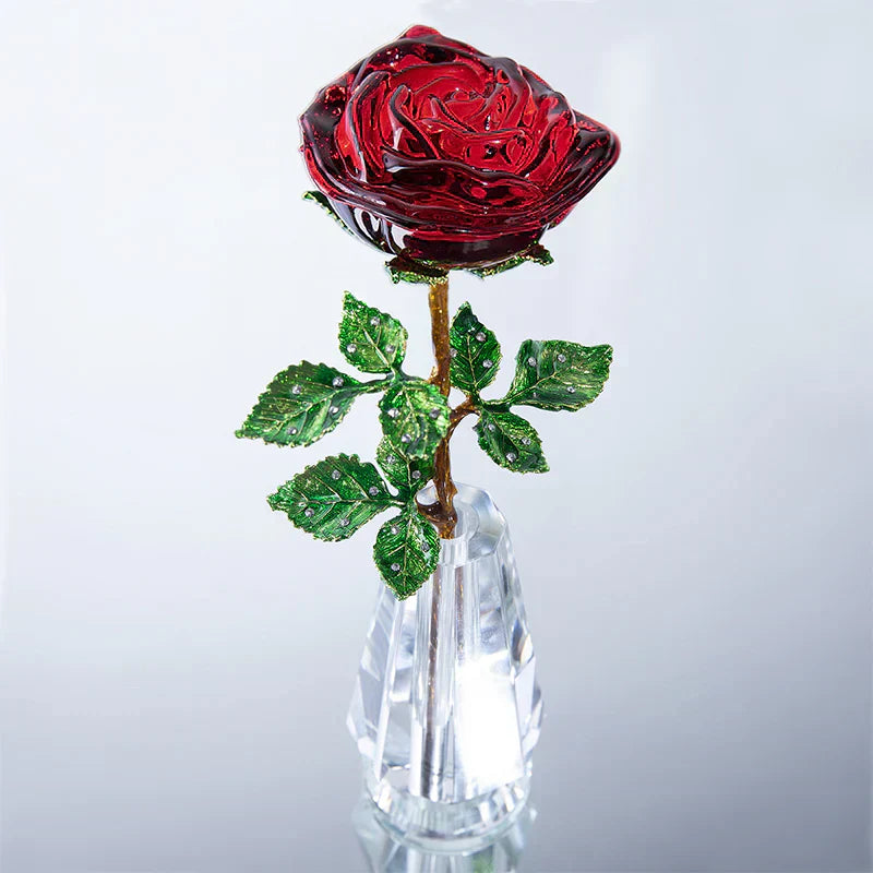 Red crystal enchanted rose, 25cm, with metal stem, green leaves, and clear crystal vase.  Stunning gift.