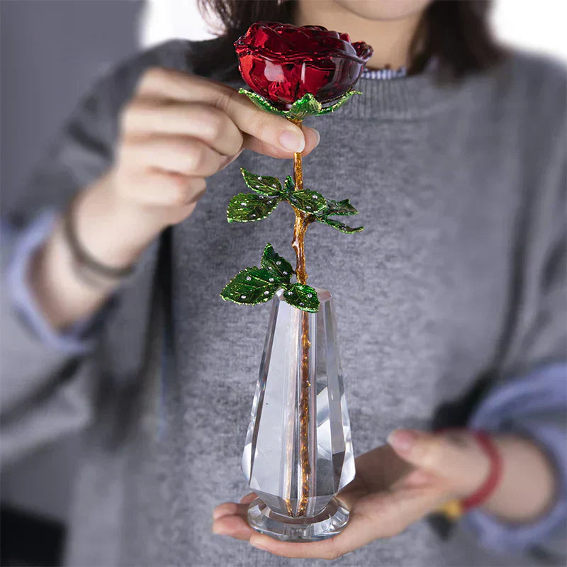 Red crystal enchanted rose with gold stem, green leaves, and crystal vase; 25cm tall. Perfect gift.