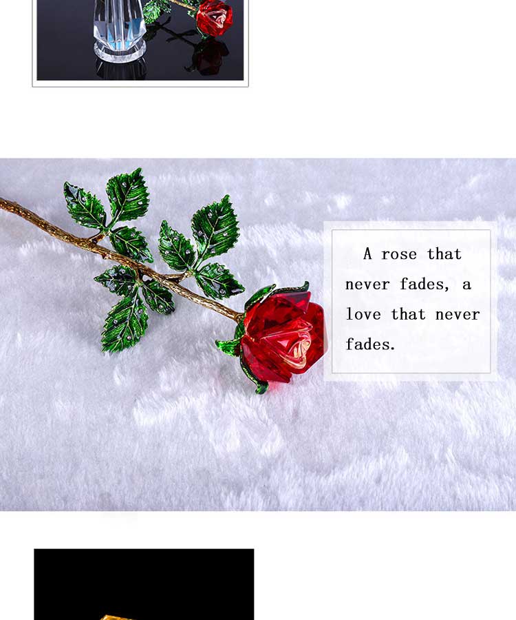 Red crystal enchanted rose, 25cm, with metal stem and green leaves; perfect gift for any occasion.