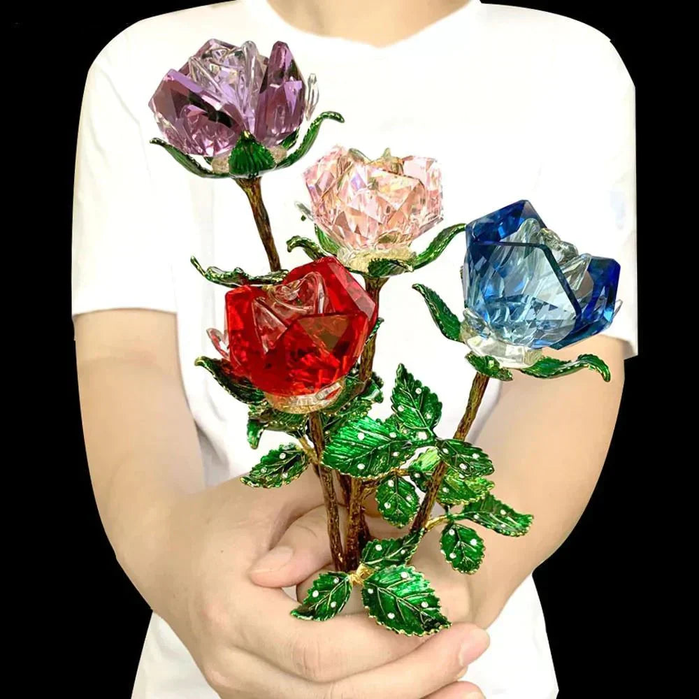 Crystal enchanted rose bouquet; red, pink, purple, blue; 25cm tall; metal stems; perfect gift.