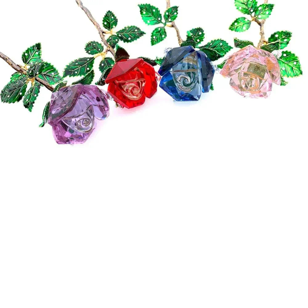 Four crystal enchanted roses; red, pink, purple, blue; metal stems; 25cm tall; elegant gift or décor.