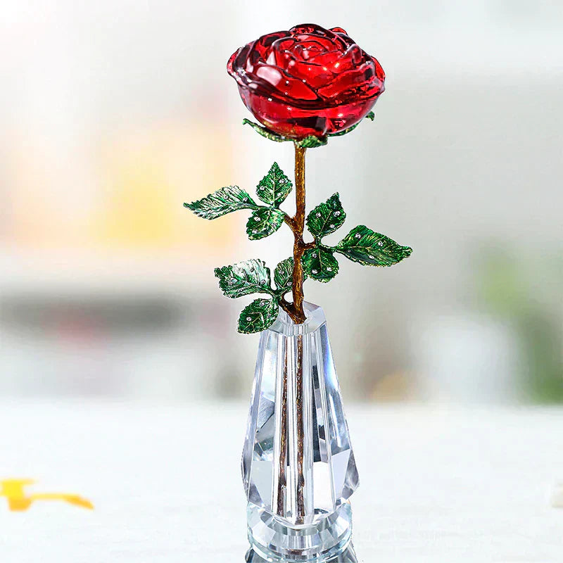 Red crystal enchanted rose, 25cm, with metal stem and leaves; elegant gift for any occasion.