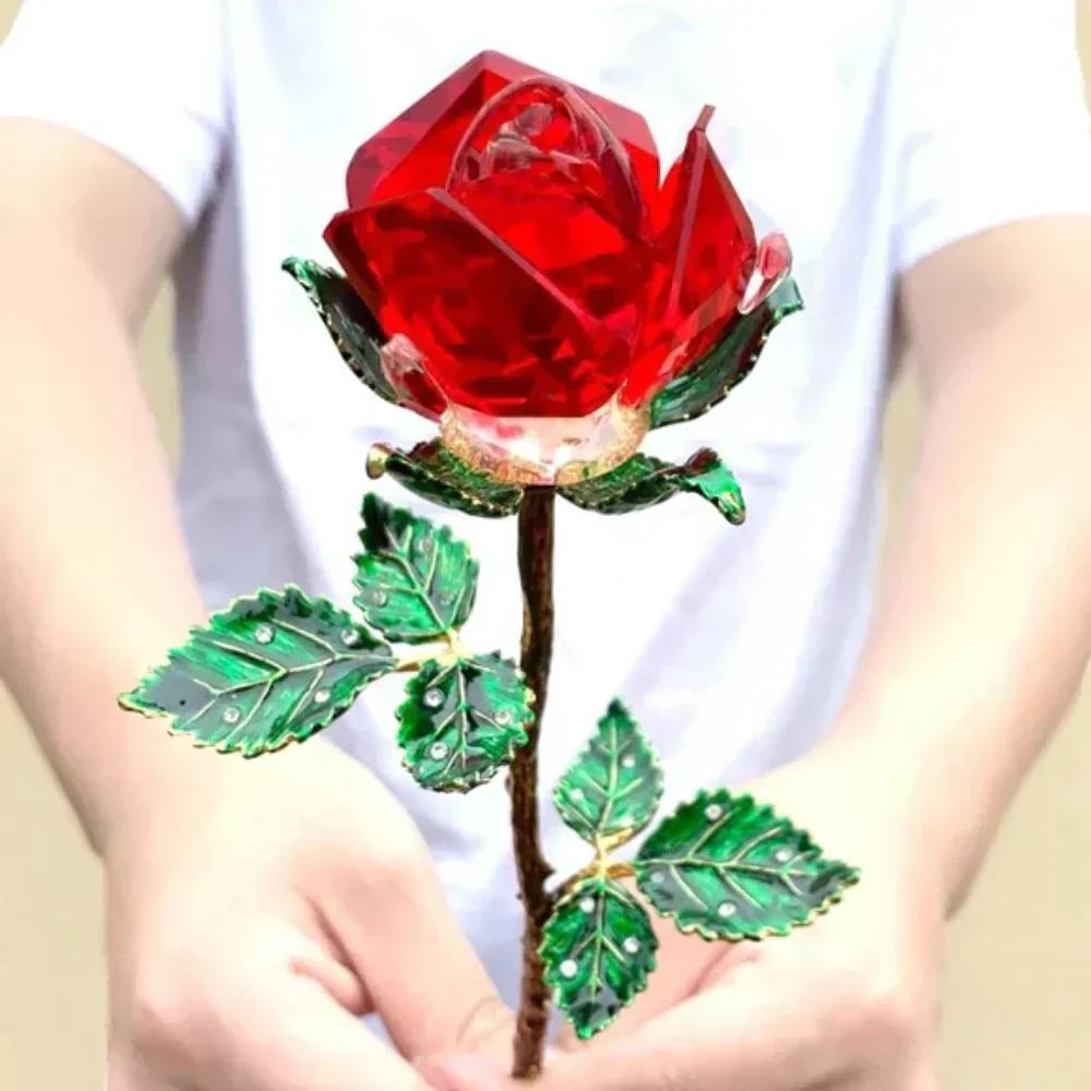 Red crystal enchanted rose with green metal leaves, 25cm tall, perfect gift for any occasion.