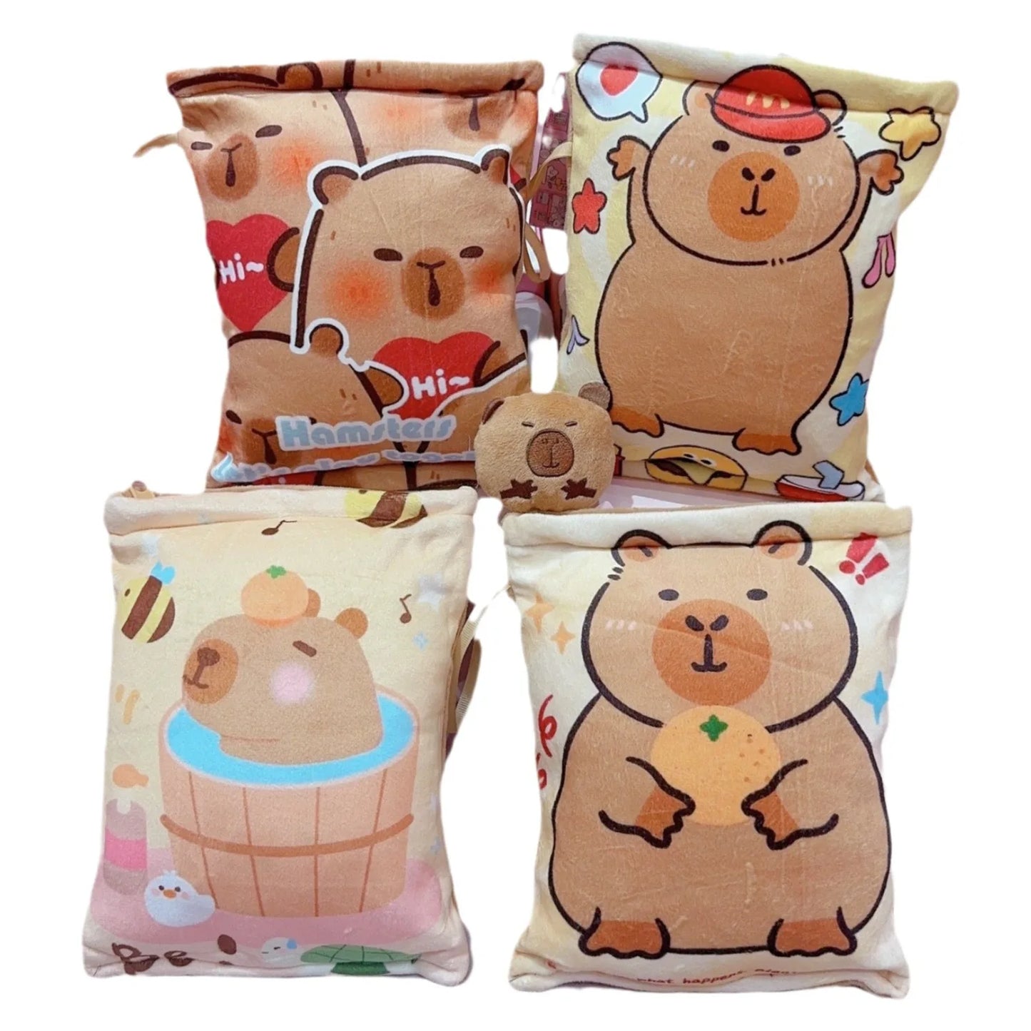 Kawaii Capybara Snack Bag Plush Toy – Soft Plush Bag with 4 Capybara Cubs Inside